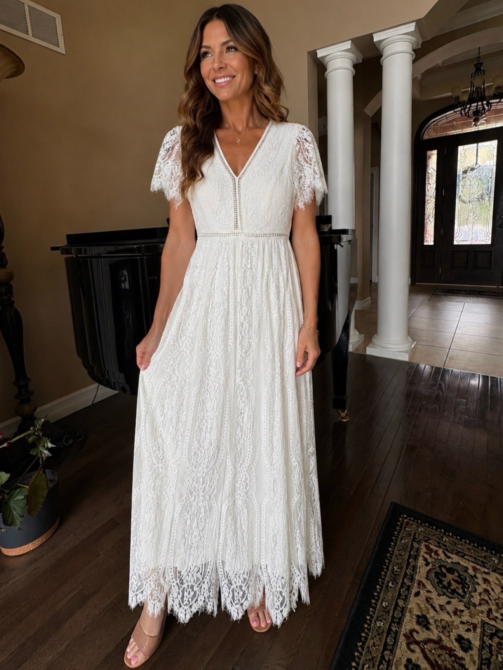 Elegant White Lace Maxi Dress | Romantic & Feminine | Short Sleeve Size S